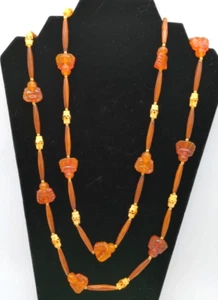 Vintage 90s Brown Necklace With 13 Faux Amber Molded Laughing Buddha Beads 52 In - Picture 1 of 6