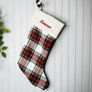 Pottery Barn LAURENCE Classic White Plaid Checkered Christmas Stocking Mono NWOT - Picture 1 of 8