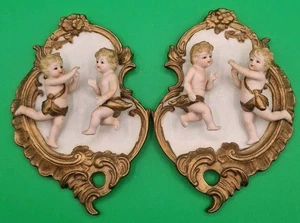 2 Vintage Lefton Porcelain Cherub Wall Plaques Hand Painted Japan 7" x 5"  - Picture 1 of 11