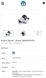 NEW Genuine Mopar 68084005AA Engine Starter 2.4L Jeep - Picture 1 of 3