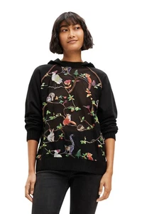 Desigual Women M Sweatshirt Sheer Embroidered Forest Animals Hood Pullover Black - Picture 1 of 15