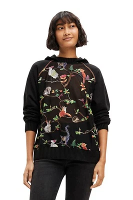 Desigual Women M Sweatshirt Sheer Embroidered Forest Animals Hood Pullover Black - Image 1 of 4