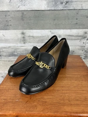 Mocasines Lauren by Ralph Lauren de cuero negro para mujer talla 9,5 B detalle de cadena dorada Foto 1 de 4