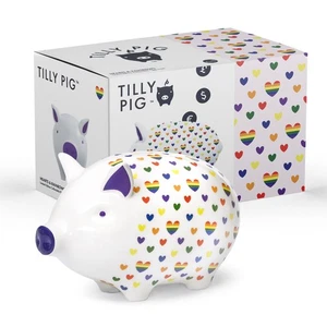 Tilly Pig Ceramic Piggy Bank For Kids & Adults Boy Girl Rainbow Hearts Money Box - Foto 1 di 7
