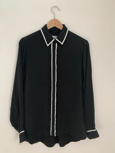 EQUIPMENT 'Genevia' Black Silk Blend Button Up White Piping Sz M Old Money Luxe - Picture 1 of 9