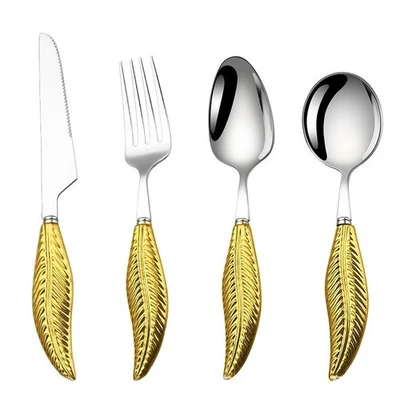 Modern Stainless Steel Cutlery Set 4 Piece Feather Handle Fork Spoon Utensils - Image 1 of 4