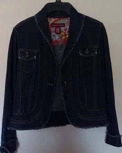 Jones Wear Jean Jacket Women Juniors Size Small Premium Fringe Denim Flora Lined - Picture 1 of 9