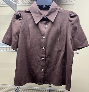Dazy Brown Short Sleeve Button Down Shirt with Puffed Shoulders Size Small New - Picture 1 of 7