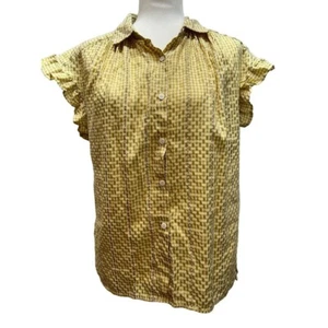 Max Studio Gingham Check Textured Button Up Ruffled Sleeves Yellow Shirt M - Picture 1 of 7