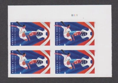 2023 US Imperf Women's Soccer Forever Stamps Plate Block of 4 Scott 5754a - Image 1 of 2