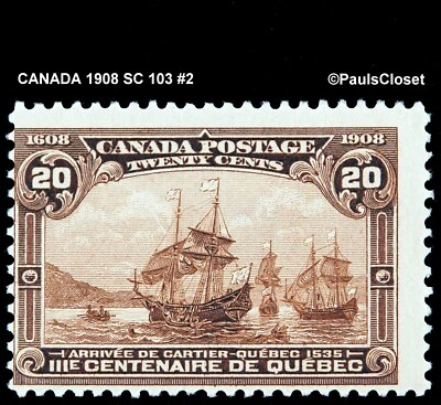 CANADA 1908 SC 103 ARRIVAL OF CARTIER AT QUEBEC 20¢ YELLOW BROWN MNH OG FINE #2 - Image 1 of 2