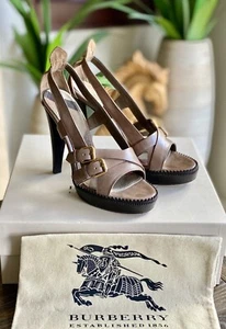 BURBERRY Heels Sandals Leather Platform Pumps Bridle House Check IT38 - Picture 1 of 12