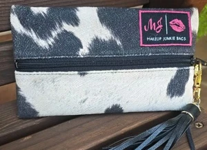 MJ Makeup Junkie Bag Black & Ivory ANIMAL HIDE Design Metal Zipper Black Tassel - Picture 1 of 3