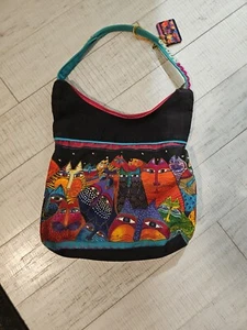 Vintage Laurel Burch Cats Themed Large Canvas Shoulder Tote Bag - Picture 1 of 2