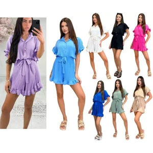 Ladies Gold Button Belted Waist Pleated Collar Smoke Frill Shirt Dress Playsuit - Picture 1 of 11