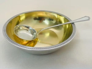 Antique Solid Silver Cream Bowl with Ladle Empire Style Frieze 20th Century - Picture 1 of 9
