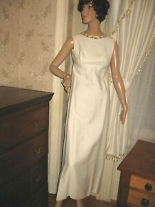 VINTAGE 1960 IVORY EVENING GOWN - GOLD/YELLOW/GREEN EMBROIDERED FLORAL DESIGN