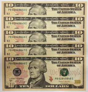NEW SERIES 2017A $10 Uncirculated TEN Dollar Bills Sequential Notes LOT of 5 - Picture 1 of 10