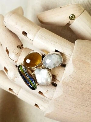 Unique Fashion Ring Sterling 925 Pearl, Glass & Stone Cluster Accent Sz8 - Image 1 of 3