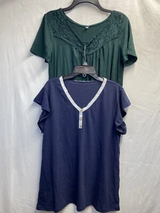 2 Bundle Of Lace Round & V-Neck Short Sleeve Blouse Women Large Green/Blue NWOT - Picture 1 of 16