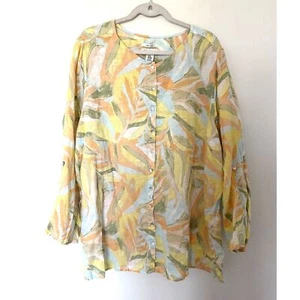 Rachel Zoe gelb geometrisch Leinen Rollärmel Sommer künstlerisch bequem geknöpft Top 3X - Bild 1 von 9