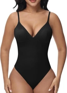 SHAPESHE Deep V-Neck Contouring Thong Body Shaper, Black, Size Medium - Picture 1 of 8