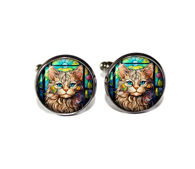 FAUX Vitral Estilo Gato Tabby - Gemelos de Metal de Vidrio Redondos Hechos a Mano Foto 1 de 3