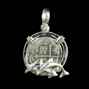 Atocha Sunken Tresure Jewelry - 2 Reale Silver Coin Dolphin Pendant - Picture 1 of 5