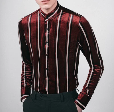 Men’s PHIX Velvet Stripe Grandad Collar Button-up Shirt Burgundy /Black Medium M - Image 1 of 4