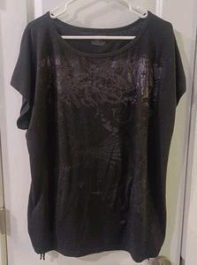Lane Bryant Damen schwarzes Top T-Shirt Größe 22/24 dezente Grafik seitlich zum Binden dehnbar - Bild 1 von 6