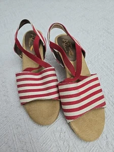 A2 Fersenstütze von Aerosoles Boyzenberry rot Streifen Keilabsatz Espadrille sand 8,5 M LESEN - Bild 1 von 11