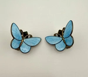 Scarce Vintage David Anderson Sterling Silver Clip Earrings Blue Butterflies - Picture 1 of 9