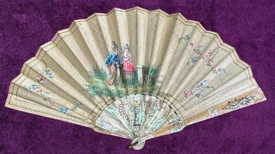 Антикварный французский перламутровый вентилятор с ручной росписью - Изображение 1 из 4