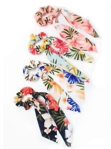 Girls Ladies Flower Print Summer Scrunchie Ponio With Tail Ribbon