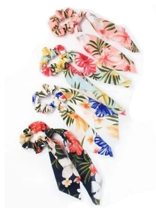 Girls Ladies Flower Print Summer Scrunchie Ponio With Tail Ribbon - Picture 1 of 3