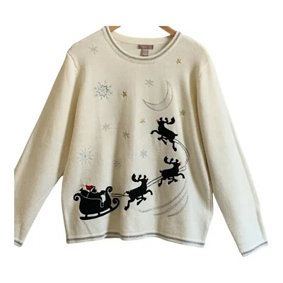 Vtg White Stag Womens Christmas Sweater XL Santa Sleigh Black Reindeer Silver - Image 1 of 4