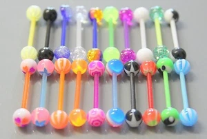 12 x ASSORTED FLEXIBLE TONGUE BARS 100% ACRYLIC, 16mm BARS with 6MM BALLS - Picture 1 of 2