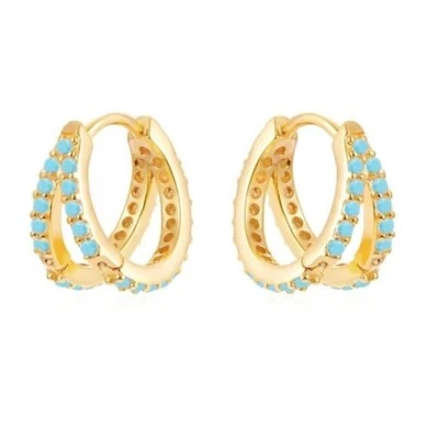 Delicados Huggies Dobles Oro 18K Plata de Ley 925 Doble Turquesa Huggies LINDOS Foto 1 de 4