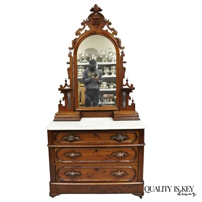 Antique Eastlake Victorian Carved Walnut Marble Top Washstand Dresser w/ Mirror - Image 1 of 4