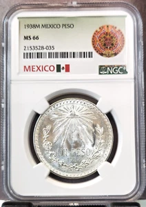 1938 MEXICO SILVER 1 PESO NGC MS 66 RARE HIGH GRADE BEAUTY GEM BU - Picture 1 of 3