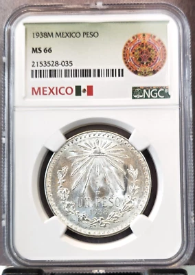 1938 MEXICO SILVER 1 PESO NGC MS 66 RARE HIGH GRADE BEAUTY GEM BU - Image 1 of 3