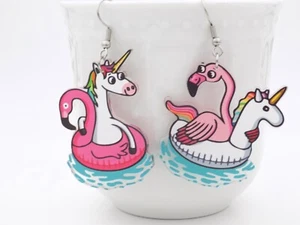 New Unicorn and Swan Earrings - 2d Matching Pink Jewelry - Great Funny Gift Idea - Picture 1 of 10
