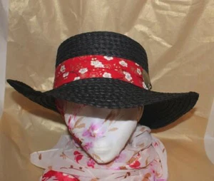 CLASSY WOMEN'S SUMMER WIDE BRIM BLACK HAT w/RED BAND & TIGER EYE - BNWOT - Picture 1 of 1