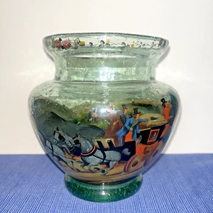 Antique Bohemian Czech Hand Painted Polychrome/Enamel STAGE COACH Art Glass Vase - Picture 1 of 24