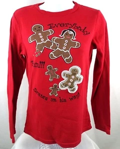 Womens Christmas Top Size M 8-10 Red Gingerbread Lite Wear Long Sleeve - Picture 1 of 5