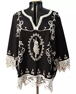 Sara Size 24 Black White Embroidered Crochet Floral Peacock Boho Cotton Top - Picture 1 of 8