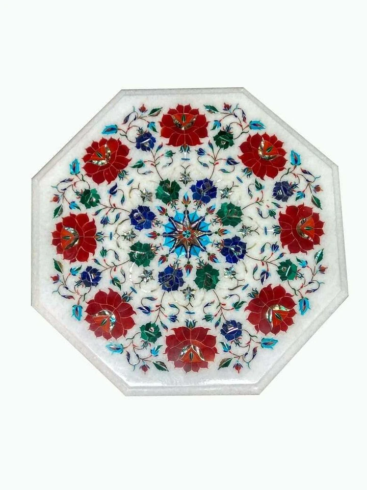 12" Marble Table top Semi Precious Stones floral Inlay Handicraft Work - Image 1 of 1