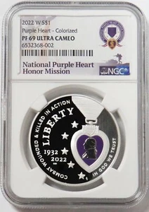 2022 W SILVER PURPLE HEART COLORISED $1 COMMEMORATIVE PROOF NGC PF 69 UC - Picture 1 of 2