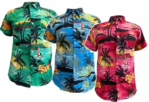 Mens Hawaiian Shirt Floral Palm Tree Sunset Surf Beach Party Holiday Stag Dance - Picture 1 of 17