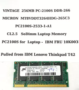 256MB PC-2100S DDR-266 MICRON MT8VDDT3264HDG-265C3 IBM 10K0033 LAPTOP SODIM DDR1 - Picture 1 of 3
